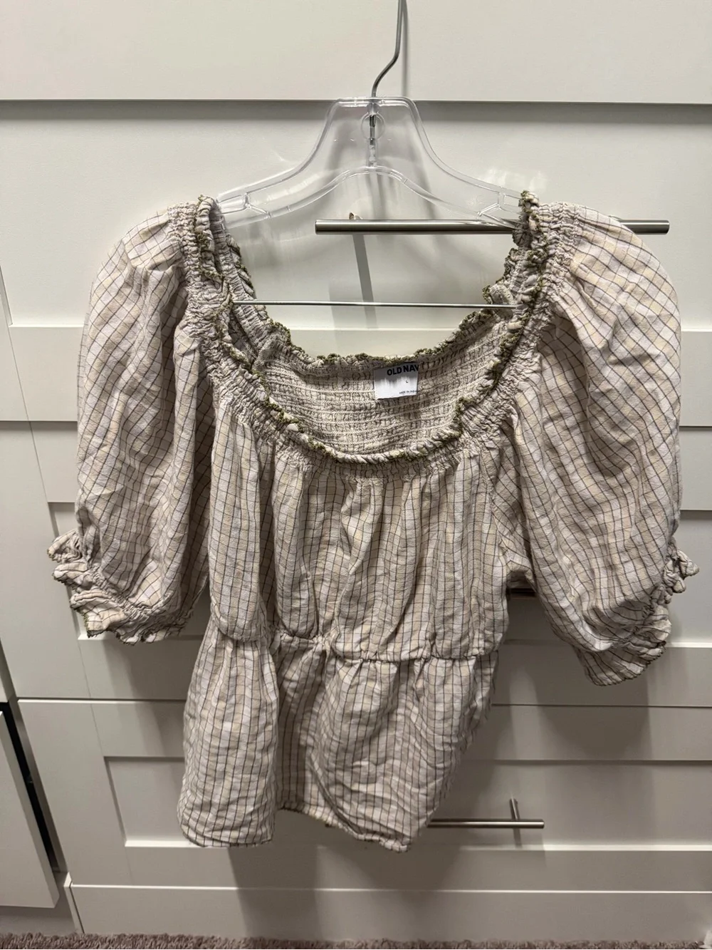 Old Navy Cream and Tan Plaid Smocked Peasant Blouse